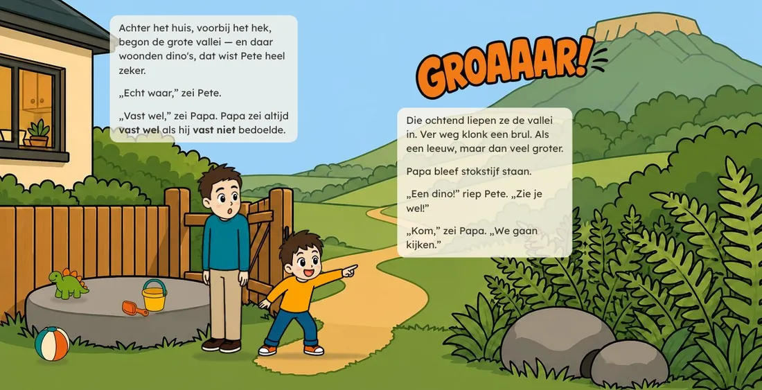 Bladzijde 4 en 5 van Het verloren Dino Ei, met Pete en papa