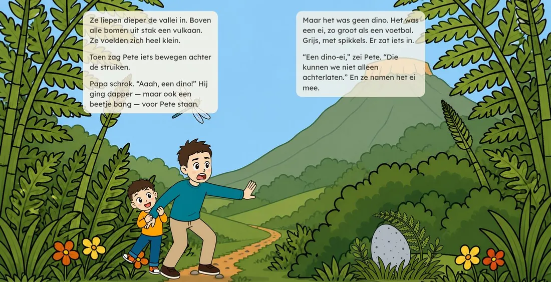 Bladzijde 6 en 7 van Het verloren Dino Ei, met Pete en papa