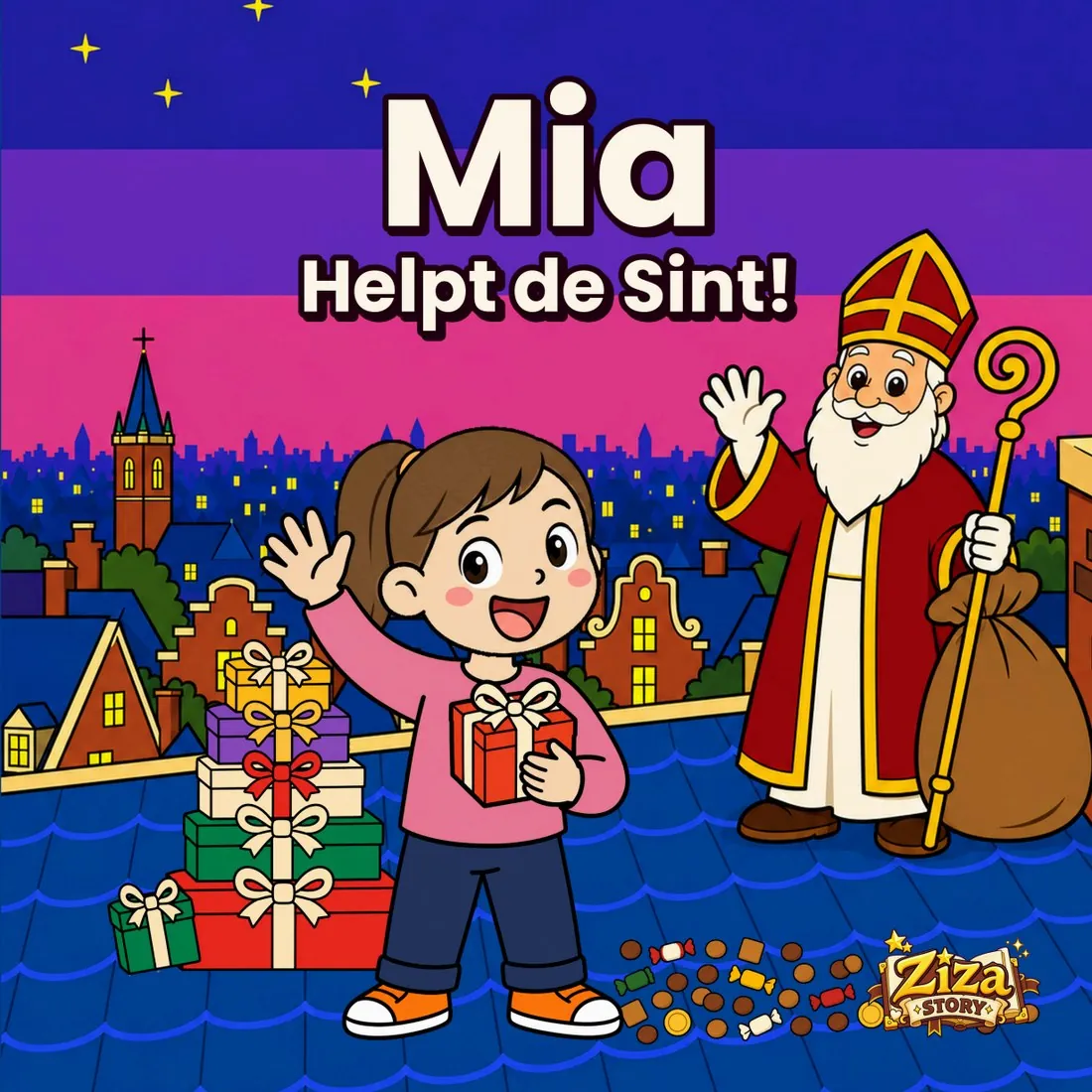 De omslag van Helpt de Sint, hier met Mia als held